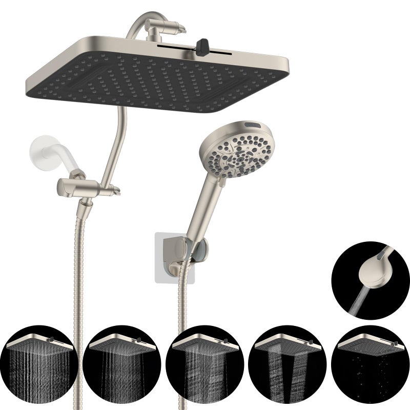 Hibbent 5spray 13 Shower Head High Pressure Rainfall Shower Head Dual Showerhead Combo with 10mode Handheld Spray 12 Adjustable Extension Arm 71 Hose Showerhead Holder Brushed Nickel