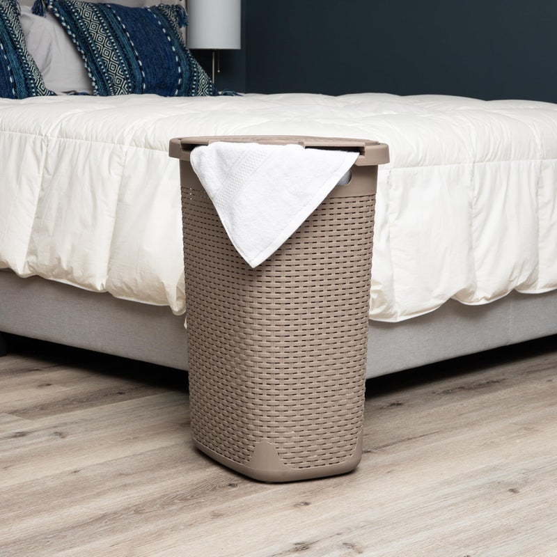 Mind Reader Slim Laundry Hamper with Lid, 60L Tall Clothes Basket, Narrow Tapered Design for Bathrooms, Closets and Laundry Rooms, Plastic, Tan - Image 2