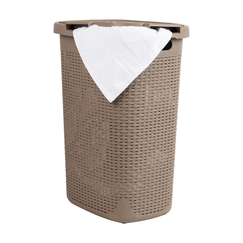 Mind Reader Slim Laundry Hamper with Lid, 60L Tall Clothes Basket, Narrow Tapered Design for Bathrooms, Closets and Laundry Rooms, Plastic, Tan - Image 1