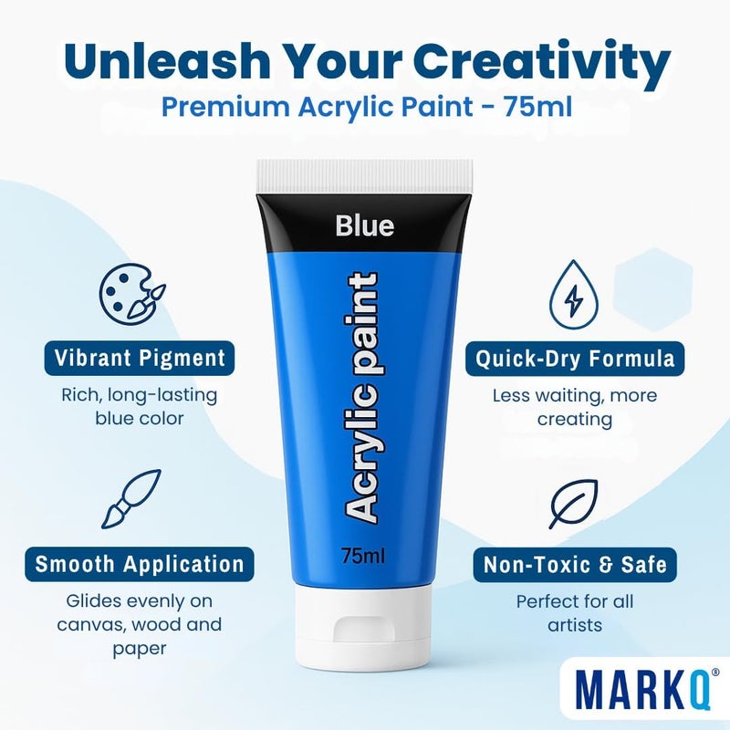MARKQ طلاء أكريليك 75 مل أنبوب – ألوان فنية غنية، عالية الصبغة وغير سامة | 10 ألوان نابضة للحياة للحرف اليدوية، القماش، الورق، الخشب، القماش، ومشاريع الفن (أزرق) - Image 1