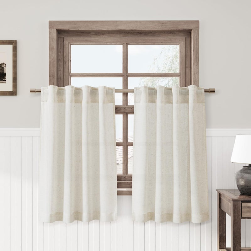 Nanspring Linen Cafe Curtains 30 Inch Length Light Filtering Semi Sheer Mini Curtains for Small Window Basement Bathroom Natural Back Tab Rod Pocket Pleated Short Sheer Kitchen Curtain 30x30 Cream - Image 1