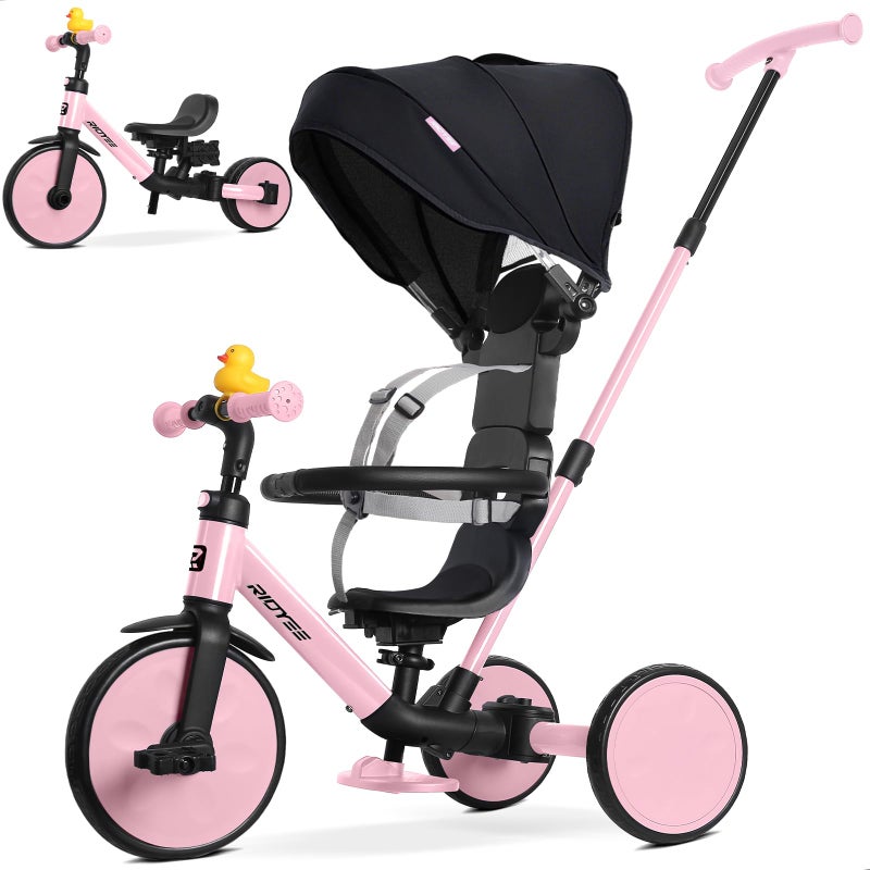 RIDYEE 8in1 Tricycle for 155 Years ToolFree Switch Toddler Tricycle with Parent Steering Control Handle for 15 to 5 Yrs Toddler Trike 153 Years with 5Point Harness and Large Canopy Pink - Image 3