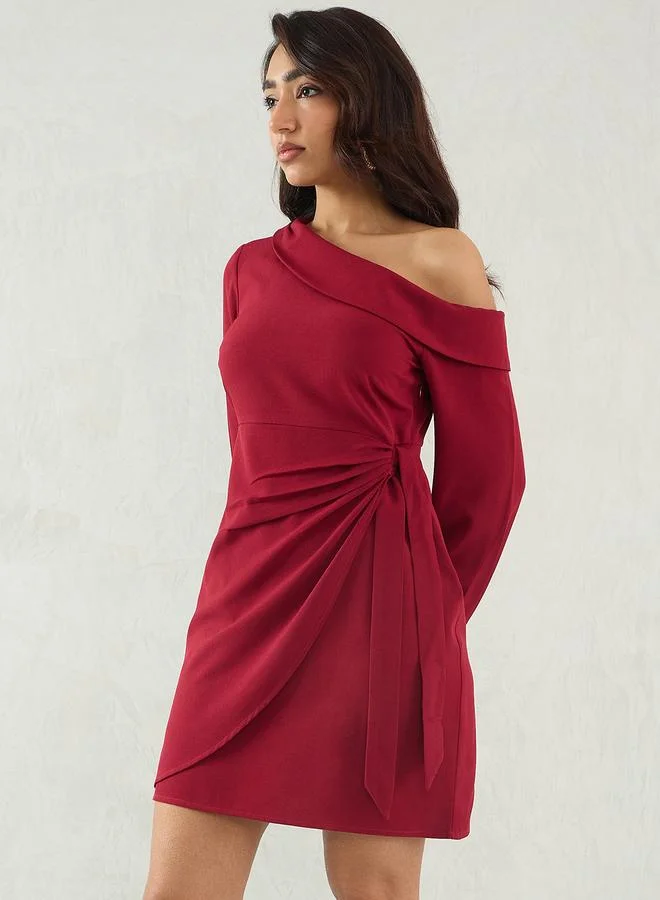 Femmella Femmella Maroon Solid One Shoulder Wrap Look A-Line Mini Dress