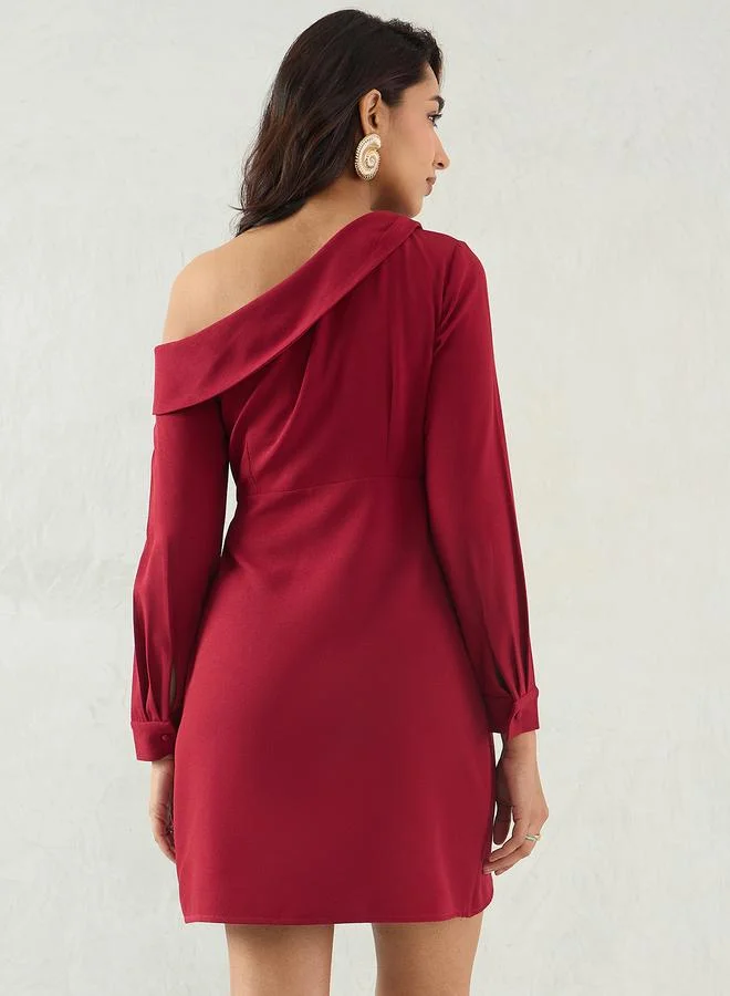 فيميلا Femmella Maroon Solid One Shoulder Wrap Look A-Line Mini Dress