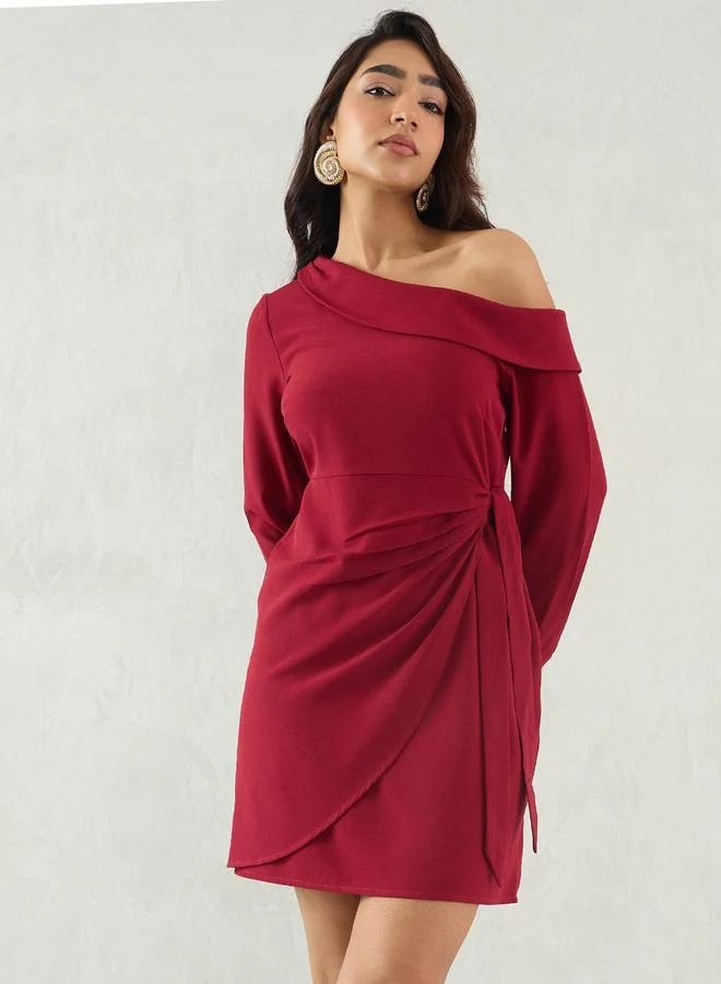 فيميلا Femmella Maroon Solid One Shoulder Wrap Look A-Line Mini Dress