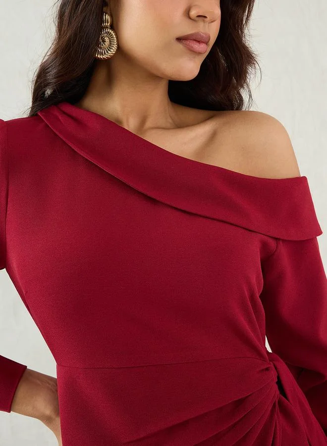 Femmella Femmella Maroon Solid One Shoulder Wrap Look A-Line Mini Dress