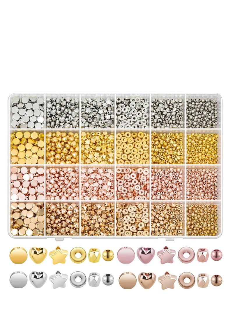 Capstro 2160PCS Gold Spacer Beads Set – 6 Styles in 4 Colors (Gold, Silver, Rose Gold, KC Gold) – Heart, Star, Round, Flat Beads for Jewelry & Bracelet Making - Image 1