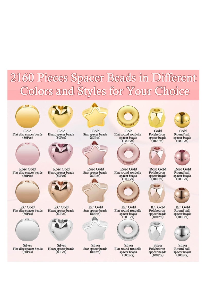 Capstro 2160PCS Gold Spacer Beads Set – 6 Styles in 4 Colors (Gold, Silver, Rose Gold, KC Gold) – Heart, Star, Round, Flat Beads for Jewelry & Bracelet Making - Image 2