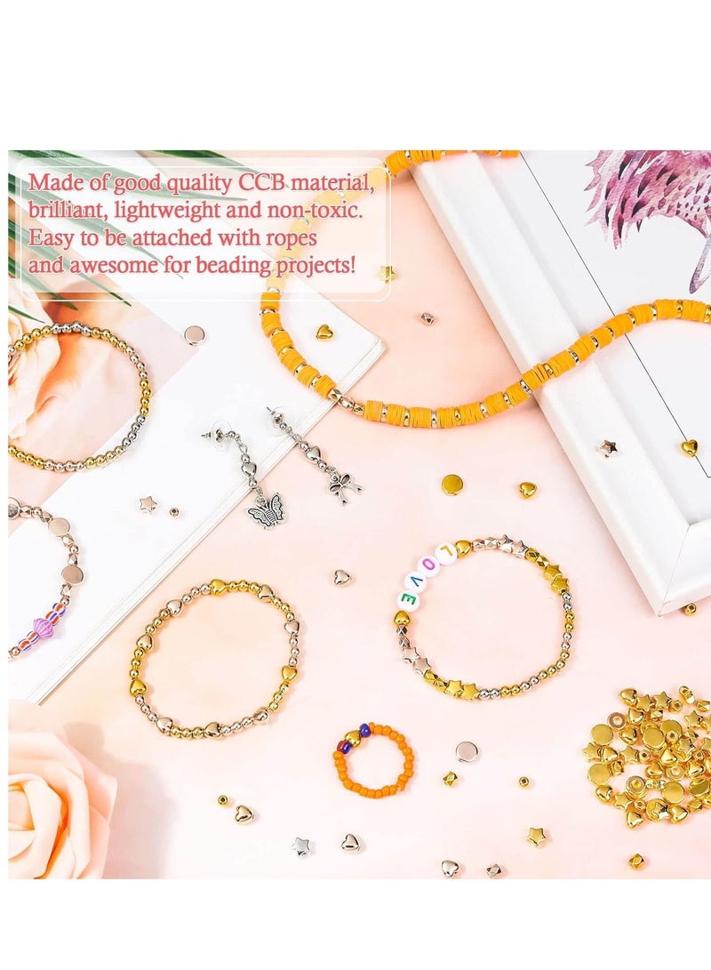 Capstro 2160PCS Gold Spacer Beads Set – 6 Styles in 4 Colors (Gold, Silver, Rose Gold, KC Gold) – Heart, Star, Round, Flat Beads for Jewelry & Bracelet Making - Image 4