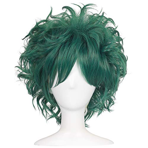 ColorGround All Green Short Curly Prestyled Natural Cosplay Wig for Men and Women (Dark Green) - Image 1