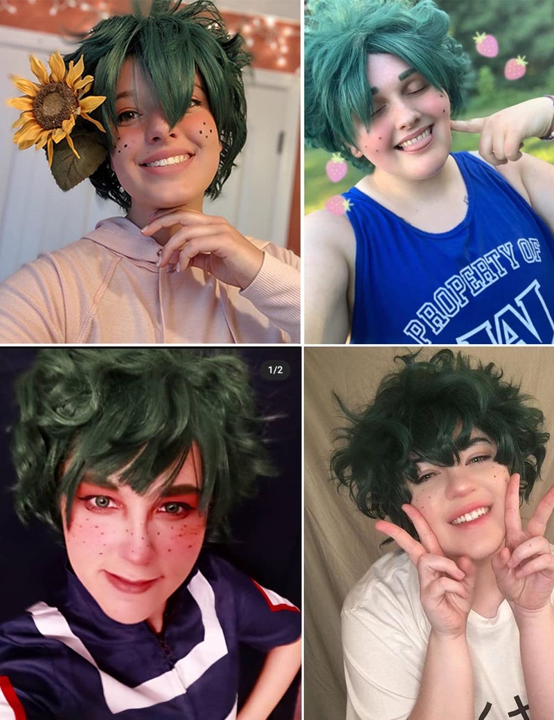 ColorGround All Green Short Curly Prestyled Natural Cosplay Wig for Men and Women (Dark Green) - Image 2
