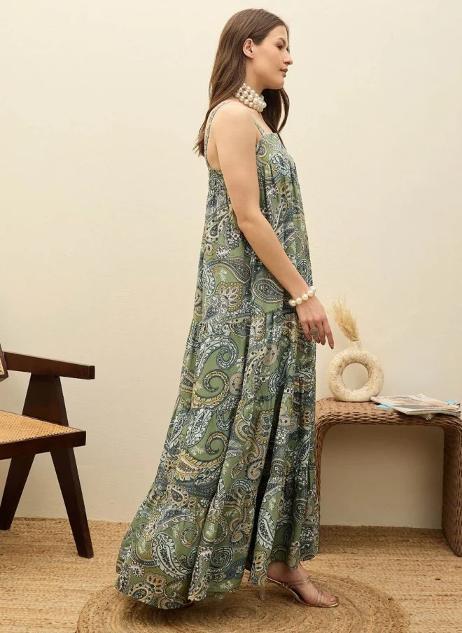 SASSAFRAS Green Paisley Print Maxi Dress for Women