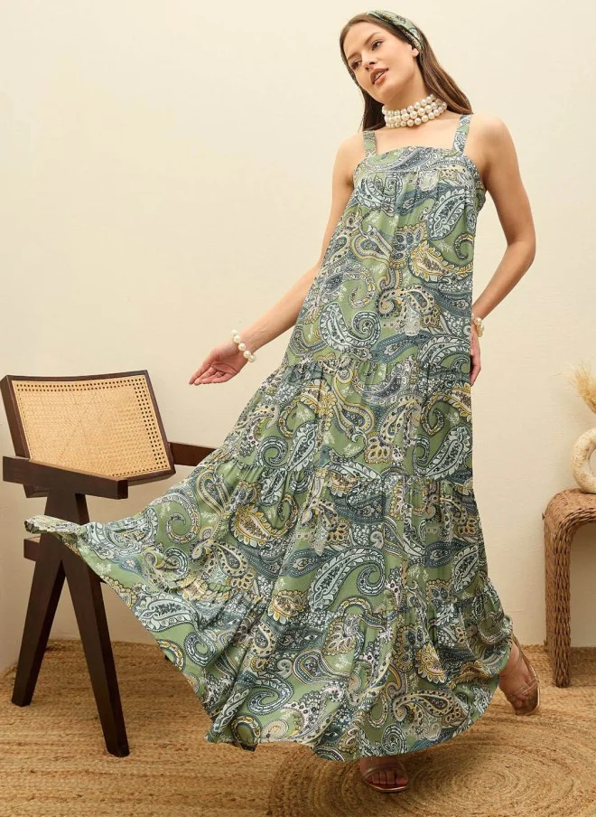 SASSAFRAS Green Paisley Print Maxi Dress for Women