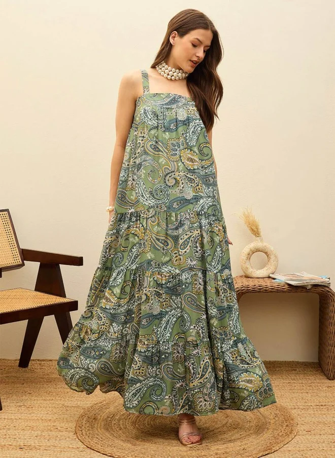 SASSAFRAS Green Paisley Print Maxi Dress for Women