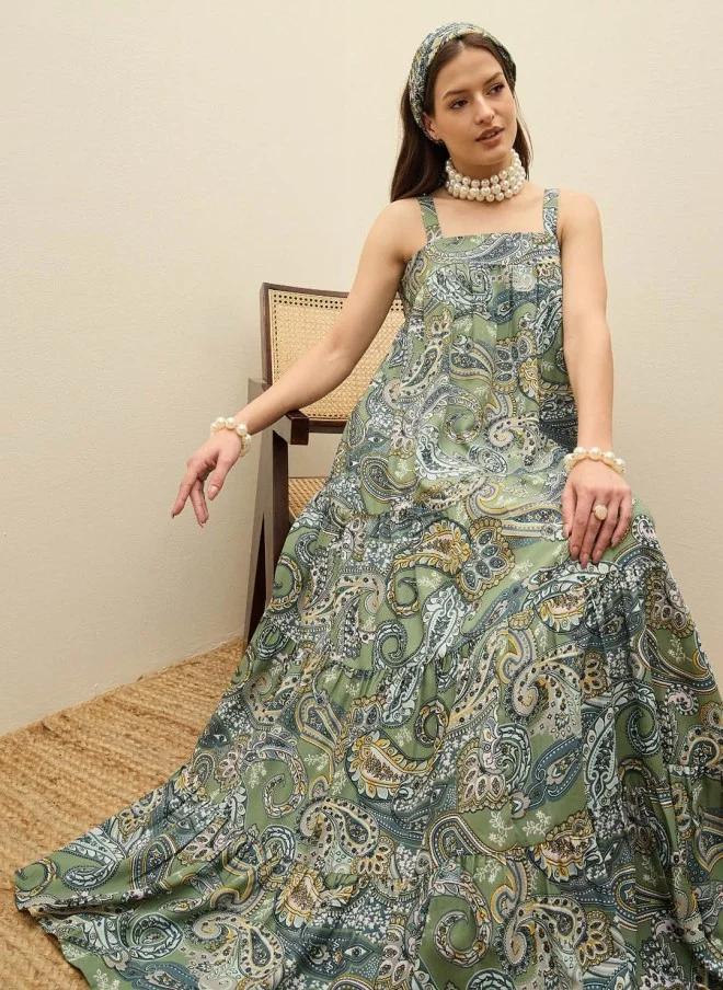 SASSAFRAS Green Paisley Print Maxi Dress for Women