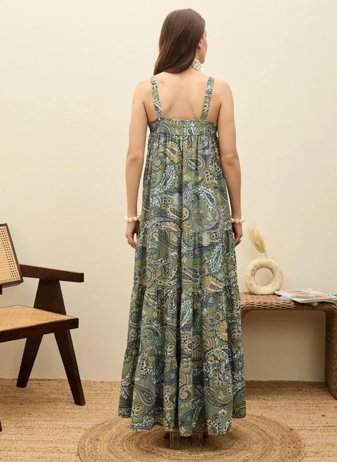 SASSAFRAS Green Paisley Print Maxi Dress for Women