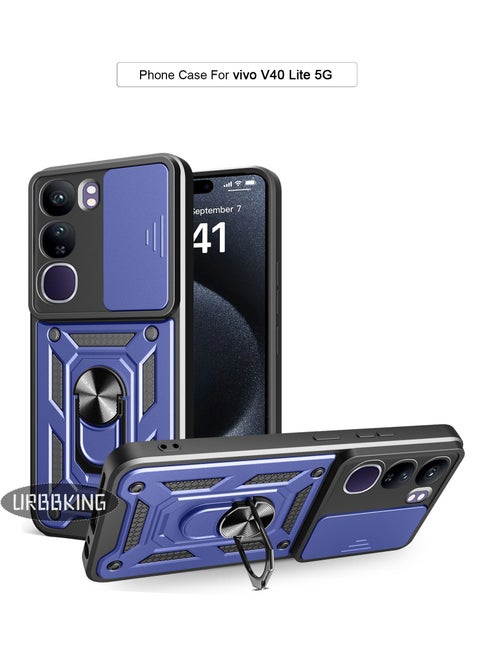 جراب واقٍ مع غطاء كاميرا منزلق وحلقة دوارة 360 درجة جراب هاتف واقٍ شديد التحمل لهاتف vivo V40 Lite 5G أزرق