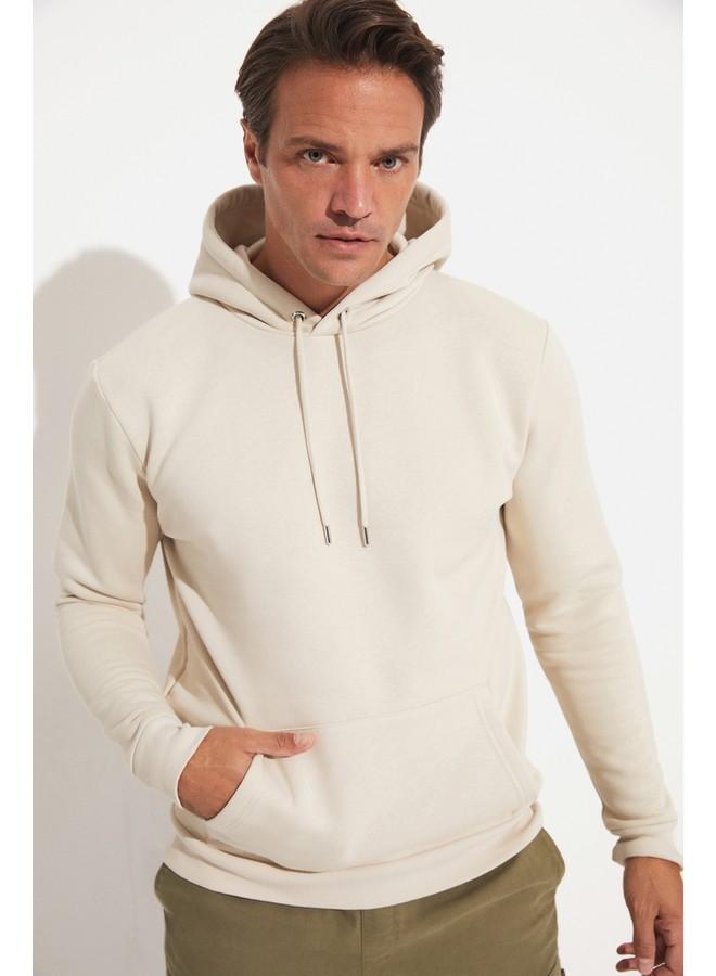 June Men Kangaroo Pocket Hooded Sweatshirt Beige - Image 3
