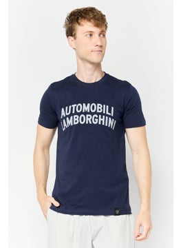 LAMBORGHINI Men Crew Neck Short Sleeves Brand Logo T-Shirt, Navy  - Image 1