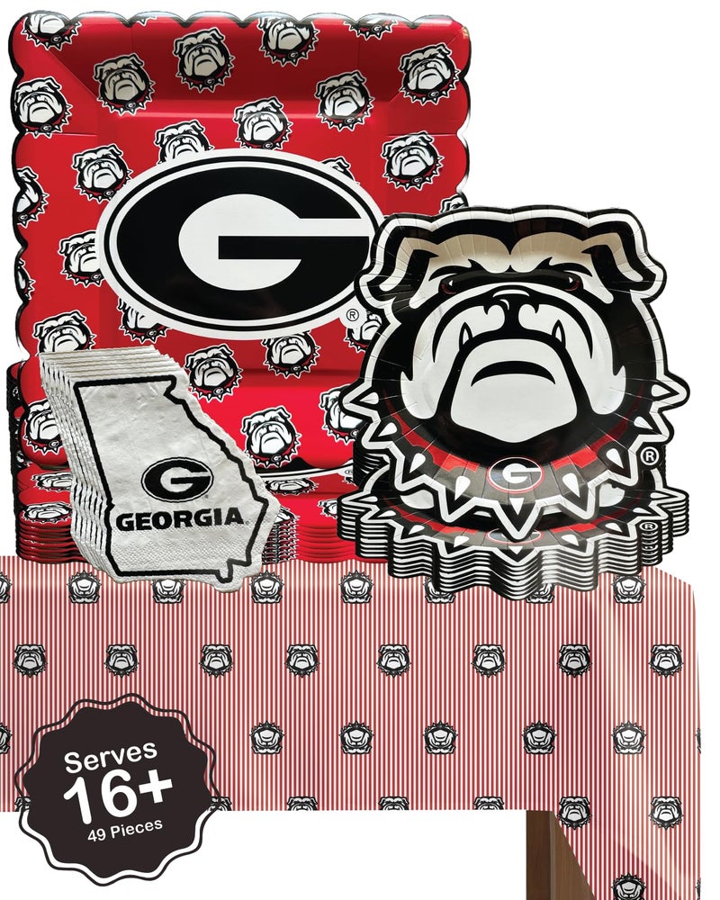 PartyKandy University of Georgia Bulldogs party supplies with UGA tablecloth plates and napkins (49 piece set) for graduation  football tailgating  and birthday party decorations (Serves 16) (Georgia Bulldogs) - Image 1