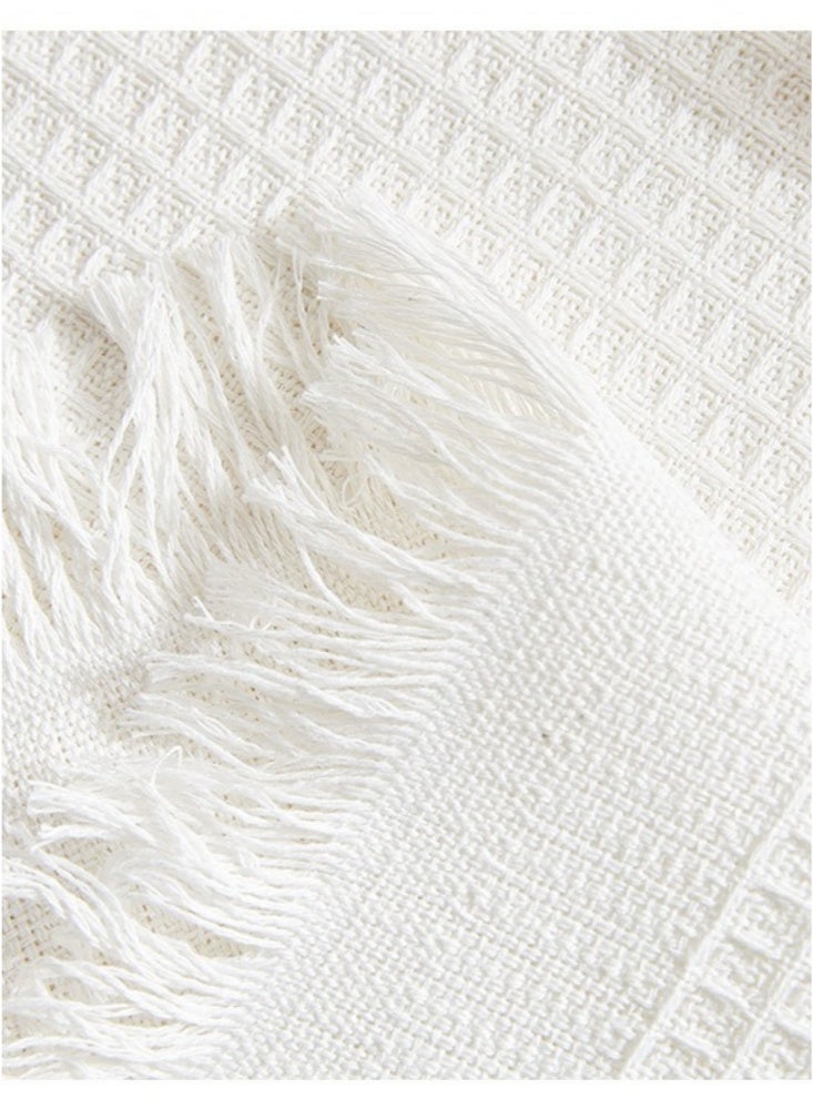 مفرش طاولة بوهو من القطن والكتان بتصميم بسيط 130×180 سم للطاولات المستطيلة بنمط الوافل مع شرابات وغطاء مقاوم للغبار للطاولة النهائية ومفرش طاولة مربع بتصميم ريفي وغطاء طاولة نهائي صلب لتناول الطعام والمطبخ والحفلات والعطلات والمنزل باللون الأبيض - Image 2