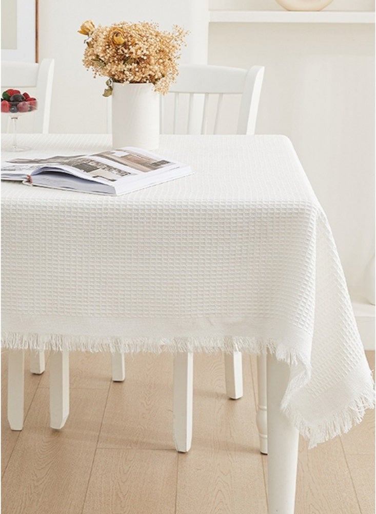 مفرش طاولة بوهو من القطن والكتان بتصميم بسيط 130×180 سم للطاولات المستطيلة بنمط الوافل مع شرابات وغطاء مقاوم للغبار للطاولة النهائية ومفرش طاولة مربع بتصميم ريفي وغطاء طاولة نهائي صلب لتناول الطعام والمطبخ والحفلات والعطلات والمنزل باللون الأبيض - Image 1