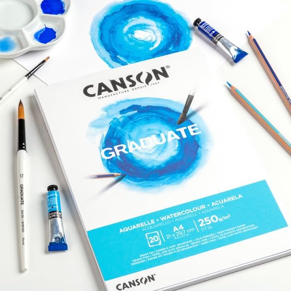 CANSON CANSON Graduate Watercolour 250gsm A4 Paper Cold Pressed Pad Glued Short Side 20 Natural White Sheets Ideal for Student Artists - Image 3