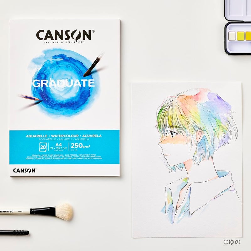 CANSON CANSON Graduate Watercolour 250gsm A4 Paper Cold Pressed Pad Glued Short Side 20 Natural White Sheets Ideal for Student Artists - Image 5