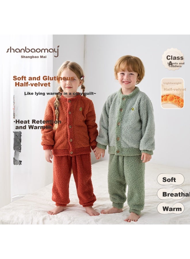 Shanbaomay Autumn Winter Half Velvet Children's Pajama Set Warm Thick Fleece Boys And Girls Homewear Forest Green 100cm - Image 4