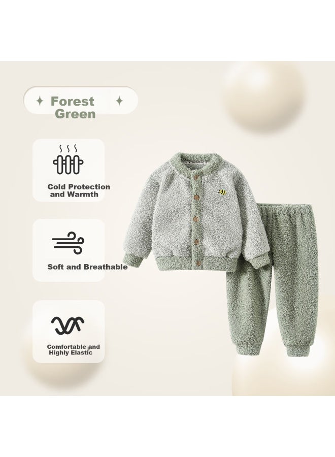 Shanbaomay Autumn Winter Half Velvet Children's Pajama Set Warm Thick Fleece Boys And Girls Homewear Forest Green 100cm - Image 1
