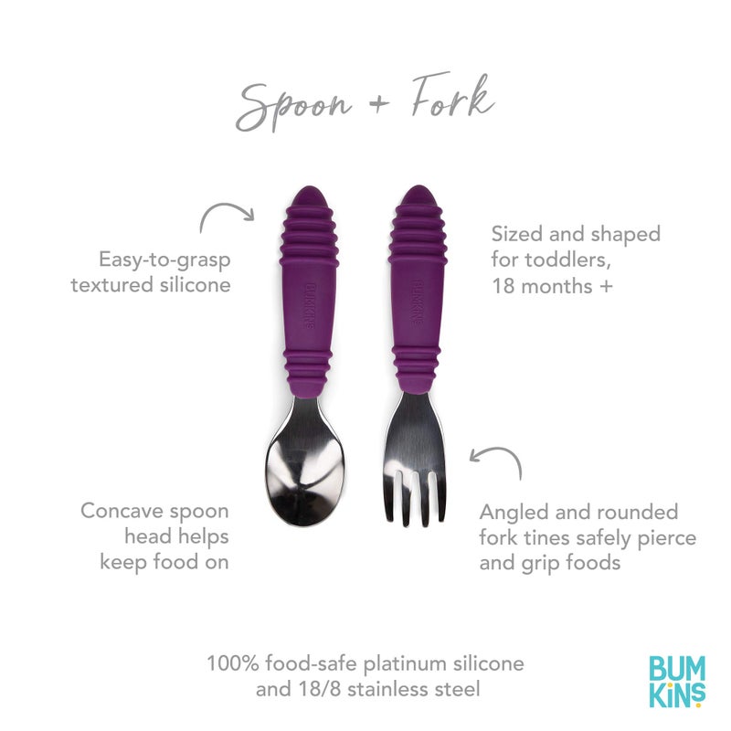 Bumkins Toddler Utensils, Kids Size Fork and Spoon Set, Silicone and Stainless-Steel Training Silverware, Angled Forks / Sporks for Self-Feeding, Children Hold Learning to Eat, 18 Months Up, Purple - Image 3