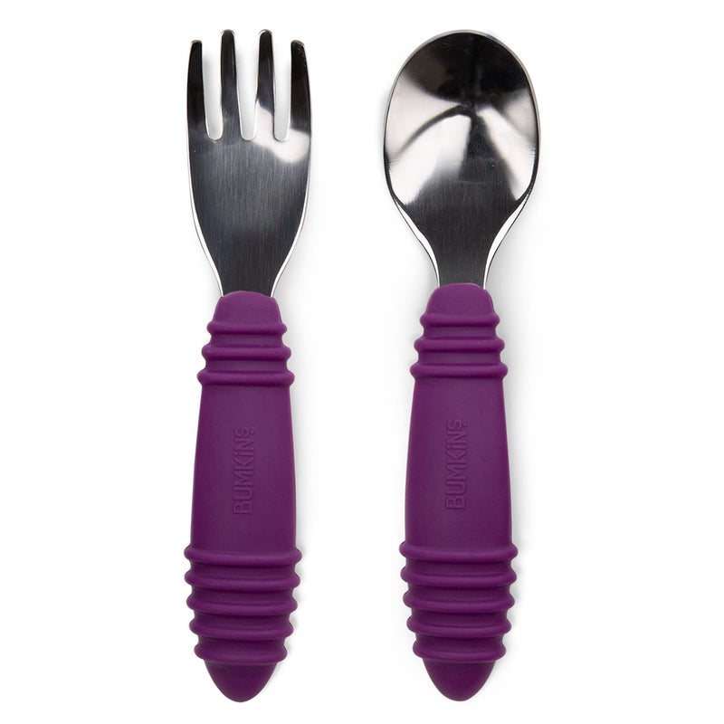 Bumkins Toddler Utensils, Kids Size Fork and Spoon Set, Silicone and Stainless-Steel Training Silverware, Angled Forks / Sporks for Self-Feeding, Children Hold Learning to Eat, 18 Months Up, Purple - Image 1