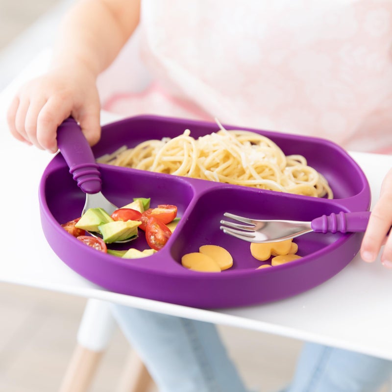 Bumkins Toddler Utensils, Kids Size Fork and Spoon Set, Silicone and Stainless-Steel Training Silverware, Angled Forks / Sporks for Self-Feeding, Children Hold Learning to Eat, 18 Months Up, Purple - Image 2