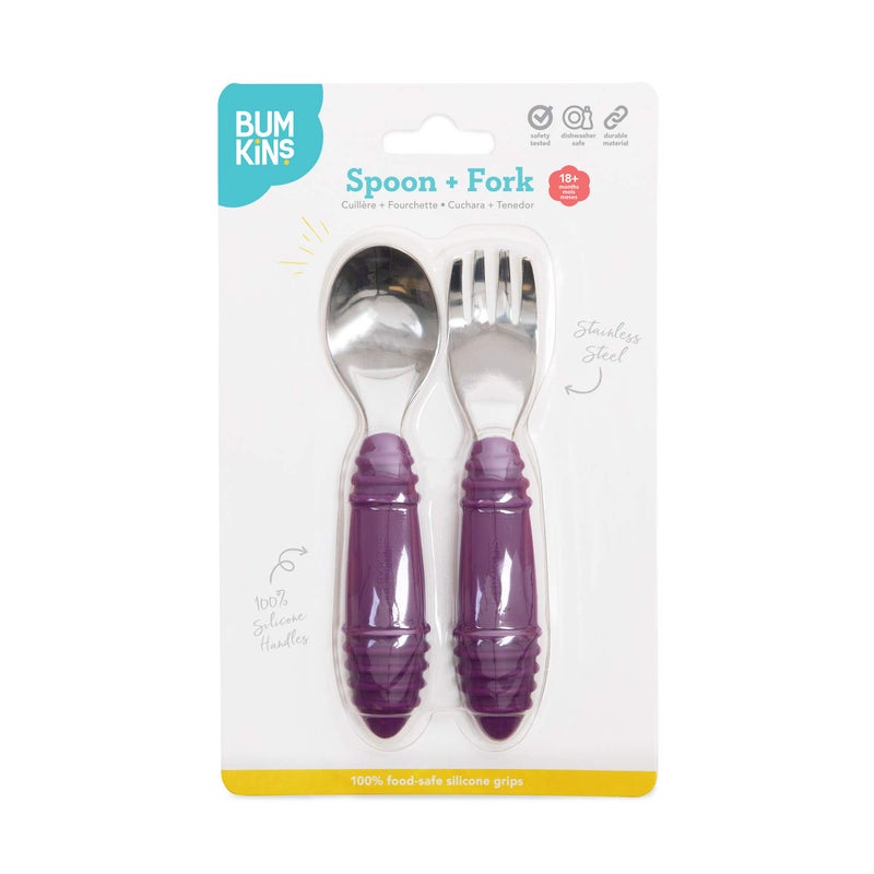 Bumkins Toddler Utensils, Kids Size Fork and Spoon Set, Silicone and Stainless-Steel Training Silverware, Angled Forks / Sporks for Self-Feeding, Children Hold Learning to Eat, 18 Months Up, Purple - Image 5