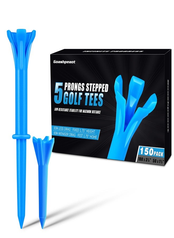Goashpeaot 150 Pack Mixed Sizes (3¼"x100 & 1½"x50) 5-Prong Golf Tees – Ultra-Stable & Low-Resistance Design for Longer Drives Plastic Golf Tees (Blue) - Image 1