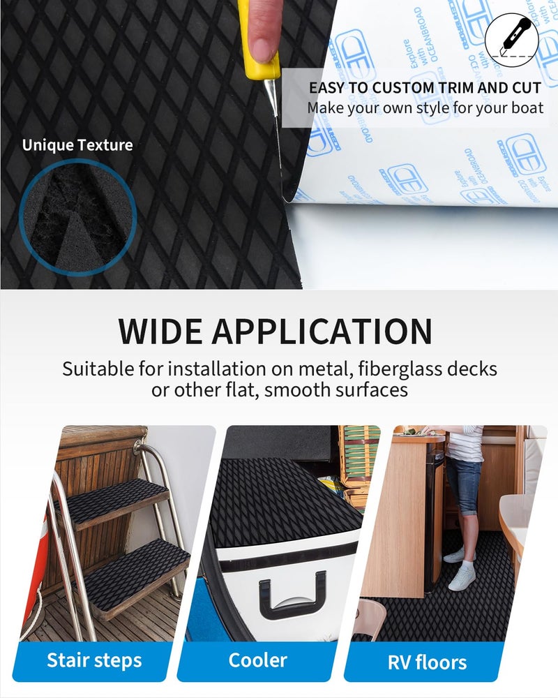 OCEANBROAD Self-Adhesive 48''x16'' Boat Flooring Non-Slip Diamond Pattern EVA Foam Marine Grip Sheet for Jon Boats Surfboard SUP Kayak Yacht, Black - Image 5