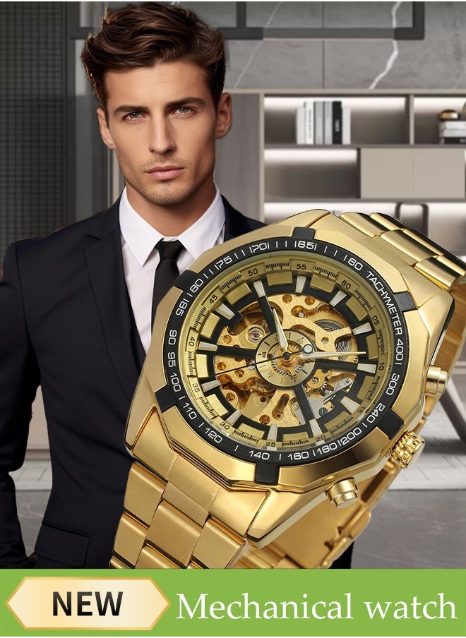 Generic Men's Mechanical Watch with Stainless Steel Strap,  Analog Display Round Gold Dial with Hollow Pattern Decoration Waterproof  Wristwatch as Gift for Men  - Image 1
