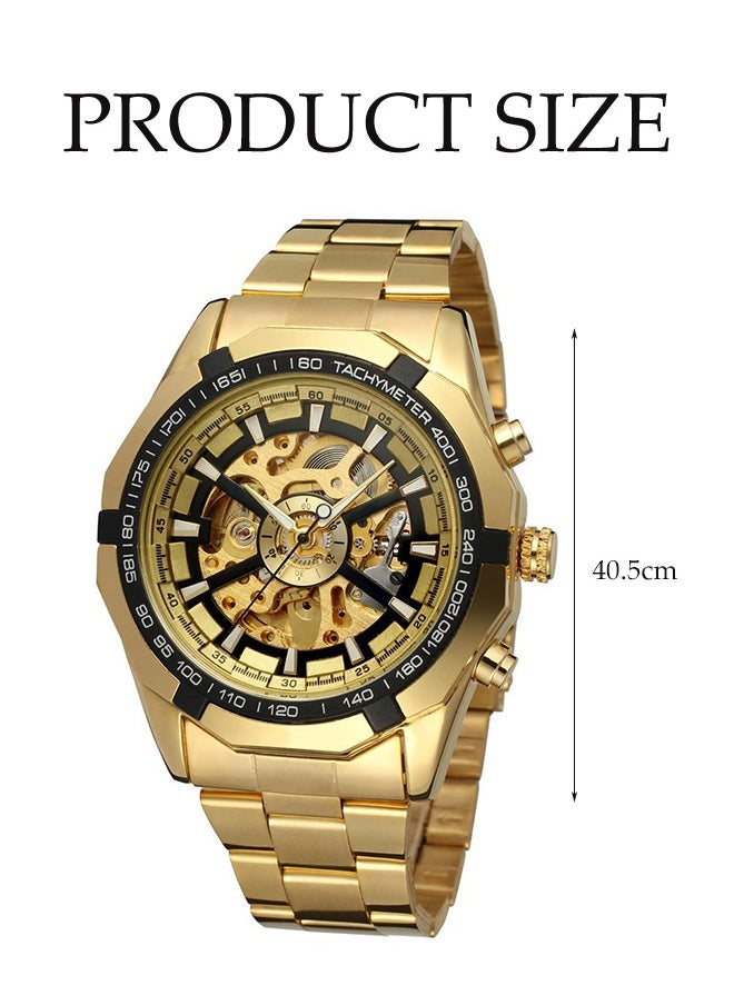 Generic Men's Mechanical Watch with Stainless Steel Strap,  Analog Display Round Gold Dial with Hollow Pattern Decoration Waterproof  Wristwatch as Gift for Men  - Image 2