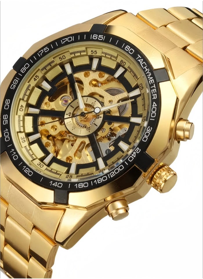 Generic Men's Mechanical Watch with Stainless Steel Strap,  Analog Display Round Gold Dial with Hollow Pattern Decoration Waterproof  Wristwatch as Gift for Men  - Image 3