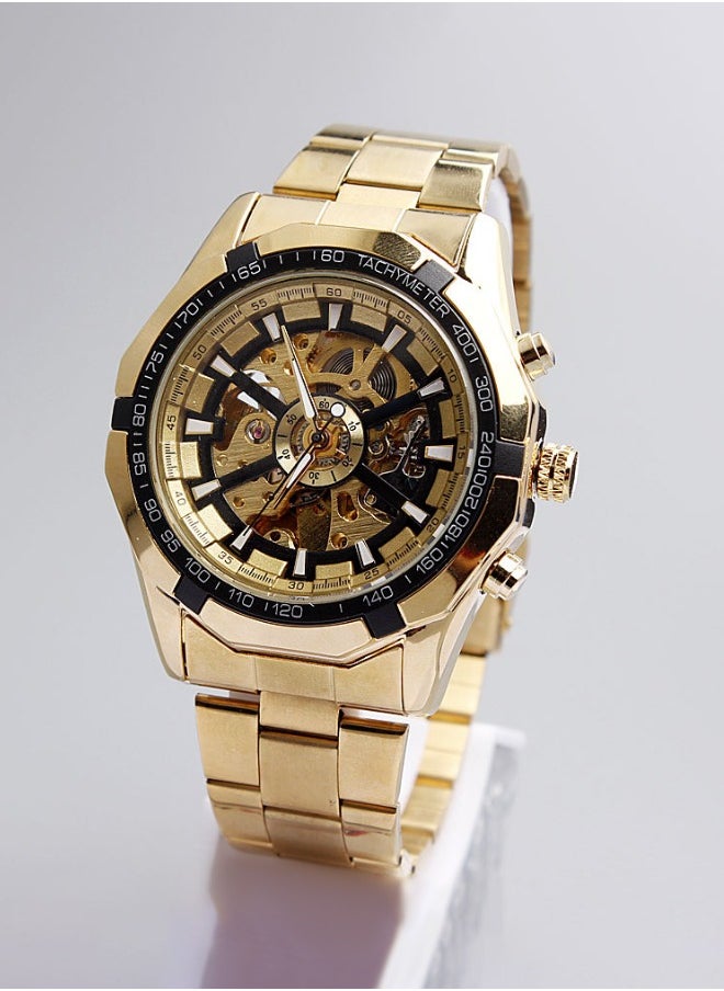 Generic Men's Mechanical Watch with Stainless Steel Strap,  Analog Display Round Gold Dial with Hollow Pattern Decoration Waterproof  Wristwatch as Gift for Men  - Image 4