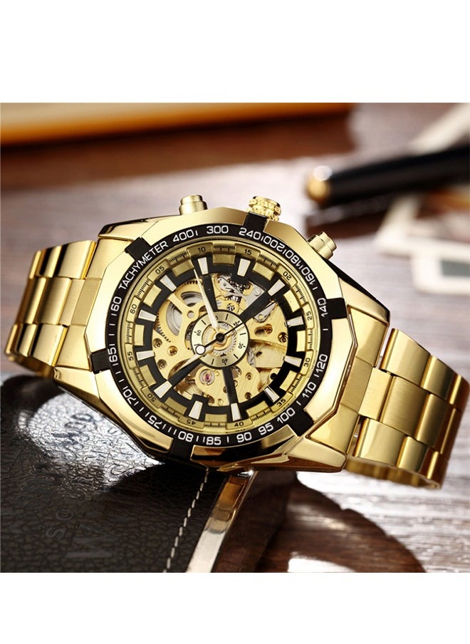 Generic Men's Mechanical Watch with Stainless Steel Strap,  Analog Display Round Gold Dial with Hollow Pattern Decoration Waterproof  Wristwatch as Gift for Men  - Image 5