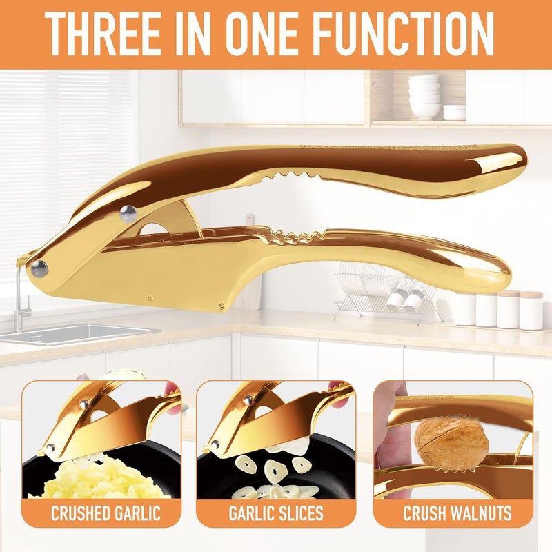 MULIRE Garlic press 2 in 1 Garlic Press Stainless Steel,Effortlessly Crush, Slice, and Mince Garlic,with this Versatile Kitchen Tool - Perfect for Home Cooks and Professional Chefs Alike. (Golden) - Image 4
