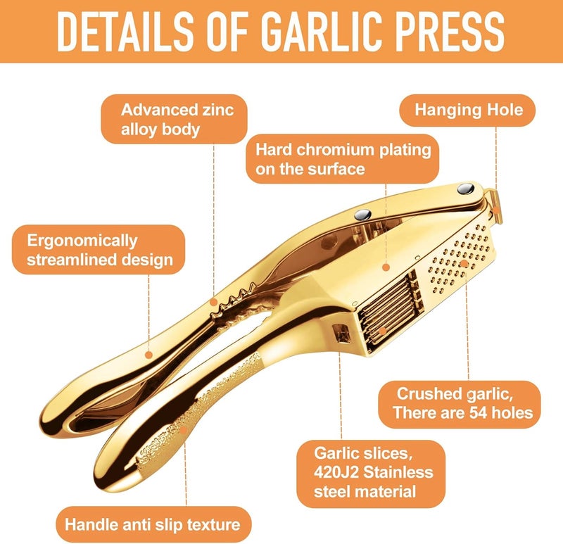 MULIRE Garlic press 2 in 1 Garlic Press Stainless Steel,Effortlessly Crush, Slice, and Mince Garlic,with this Versatile Kitchen Tool - Perfect for Home Cooks and Professional Chefs Alike. (Golden) - Image 3