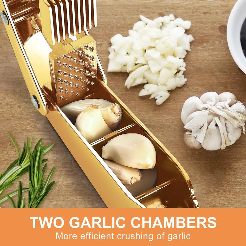 MULIRE Garlic press 2 in 1 Garlic Press Stainless Steel,Effortlessly Crush, Slice, and Mince Garlic,with this Versatile Kitchen Tool - Perfect for Home Cooks and Professional Chefs Alike. (Golden) - Image 2