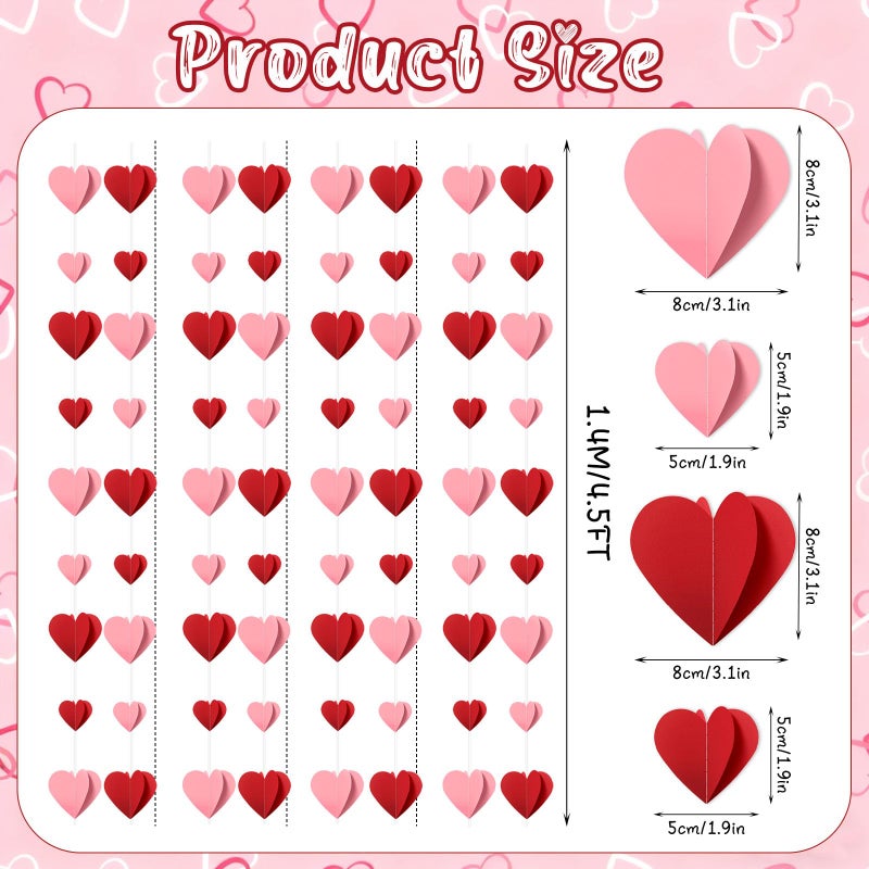 Pedel 3D Heart Garland, 72Pcs Red Pink Valentines Heart Paper Garland Hearts Hanging Streamers for Galentines Anniversary Wedding Party Supplies - Image 2