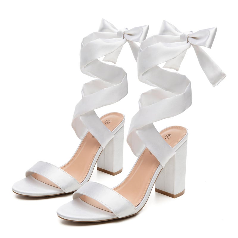 Trary White Heels for Women,Women's 3 Inch Lace Up Chunky Heels, Comfortable Round Toe Strappy Heels, Dressy Heeled Sandals for Wedding Party Size 8 - Image 4