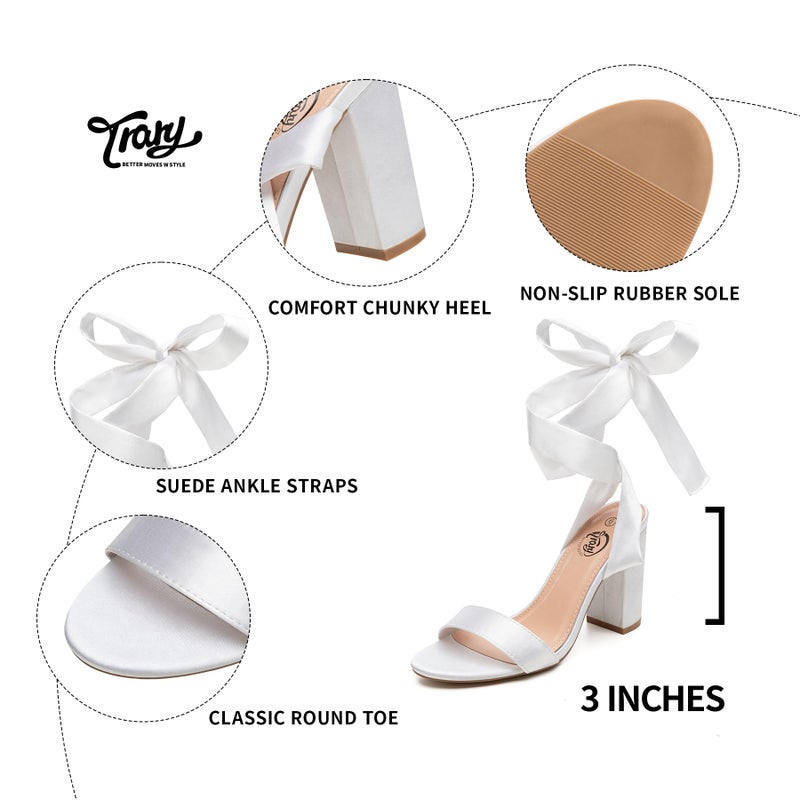 Trary White Heels for Women,Women's 3 Inch Lace Up Chunky Heels, Comfortable Round Toe Strappy Heels, Dressy Heeled Sandals for Wedding Party Size 8 - Image 5