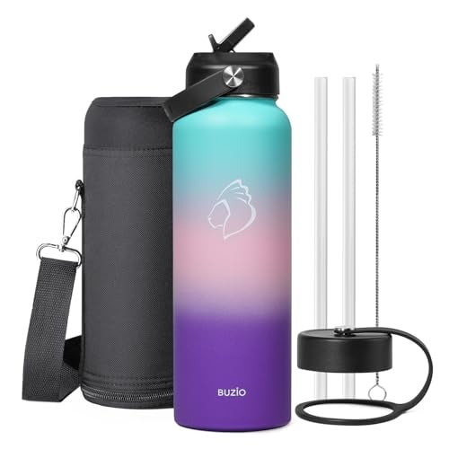 BUZIO 40oz Insulated Water Bottle, Stainless Steel Double Wall Water Flask (Cold for 48 Hrs) Leak Proof Sports Bottles Jug with Straw Lid and Flex Cap Metal Canteen for Gym Travel Camping, Hydrangea - Image 1