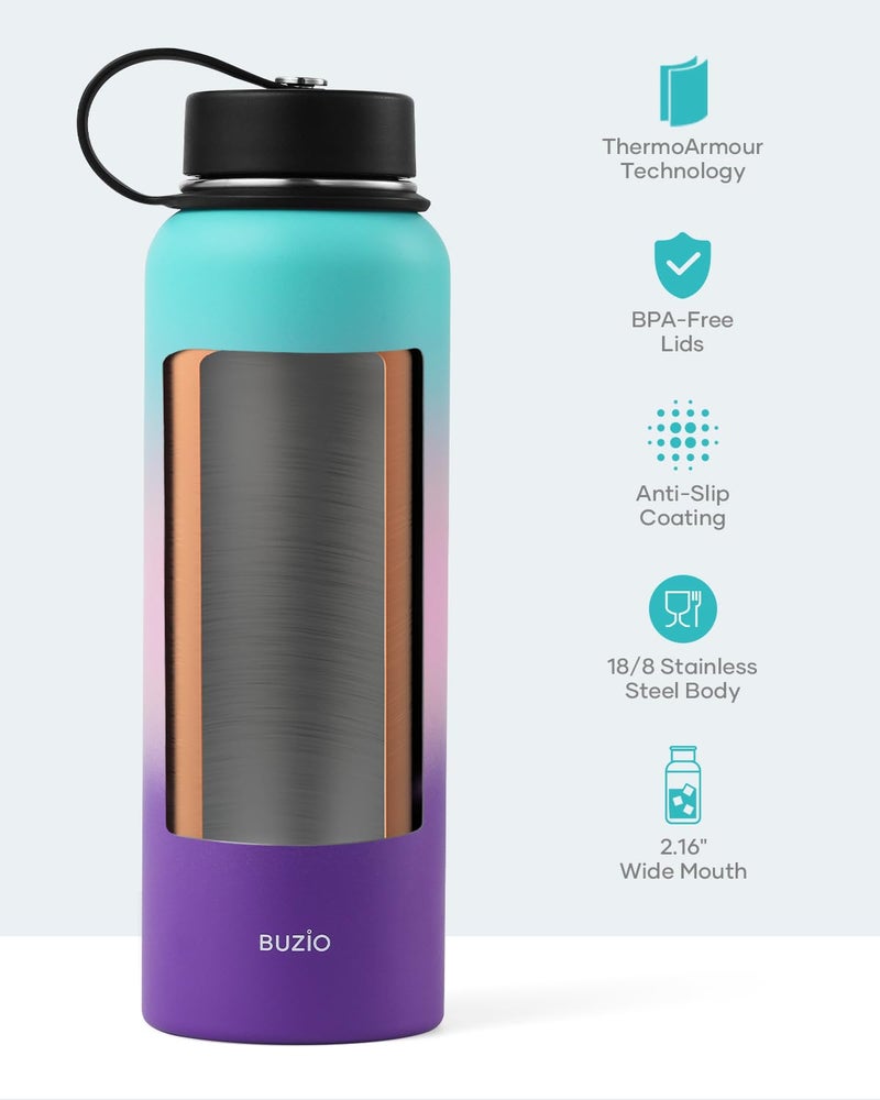BUZIO 40oz Insulated Water Bottle, Stainless Steel Double Wall Water Flask (Cold for 48 Hrs) Leak Proof Sports Bottles Jug with Straw Lid and Flex Cap Metal Canteen for Gym Travel Camping, Hydrangea - Image 4