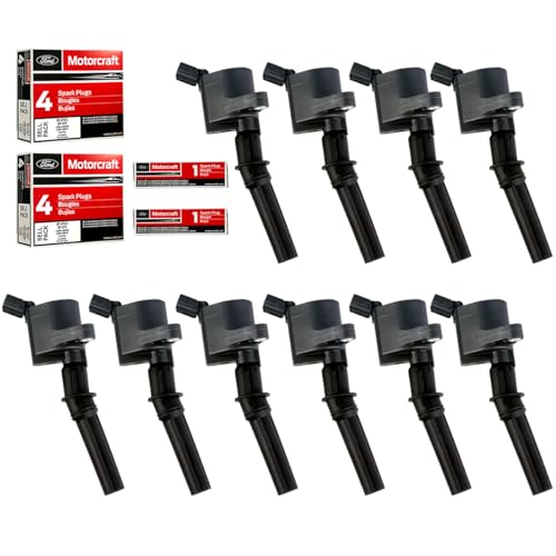 MAS Set of 10 Ignition Coils Pack DG508 & Motorcraft Platinum Spark Plugs SP479 Compatible with Ford E350 E450 F250 F350 F450 F550 Econoline Super Duty F53 6.8L V10 DG457 3W7Z-12029-AA - Image 1